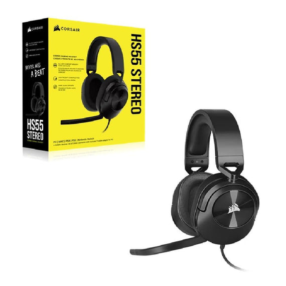 Corsair HS55 STEREO Wired Gaming Headset - Carbon, 50mm drivers, 20Hz–20kHz, wired 3.5mm stereo, multi-platform support (PC/PS/Xbox/Switch/mobile) - Leader Electronics