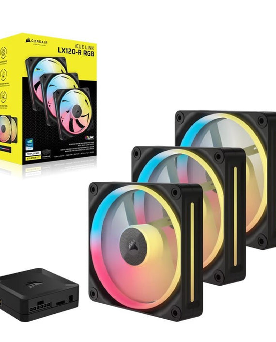 Corsair iCUE LINK LX120-R RGB 120mm PWM Reverse Fans Starter Kit Triple Pack - Black: 66.7CFM, 2400RPM, 37.7dBA, 0.4A, Static Pressure, Magnetic Dome - Leader Electronics