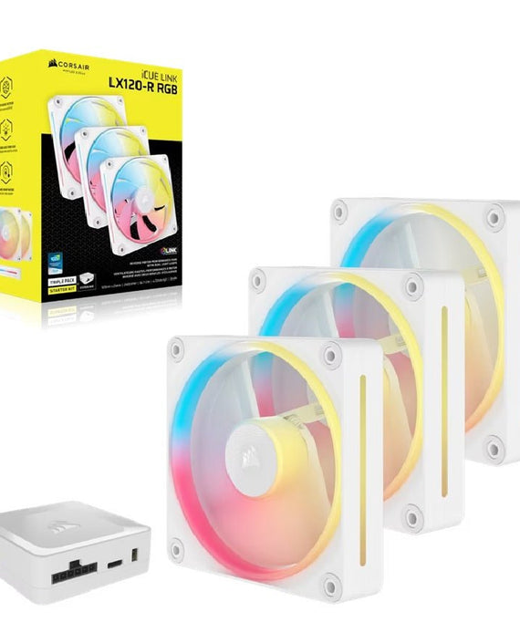 Corsair iCUE LINK LX120-R RGB 120mm PWM Reverse Fans Starter Kit Triple Pack - White: 66.7CFM, 2400RPM, 37.7dBA, 0.4A, Static Pressure, Magnetic Dome - Leader Electronics