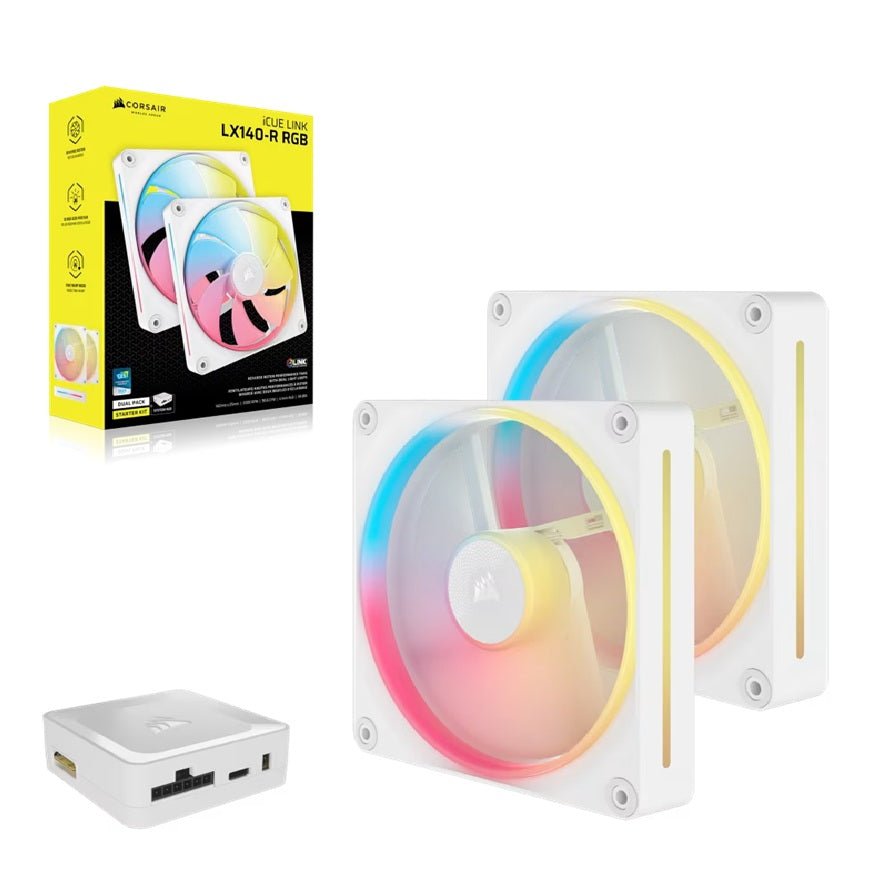 Corsair iCUE LINK LX140-R RGB 140mm PWM Reverse Fans Starter Kit Dual Pack -White: 90.6 CFM, 2000 RPM, 38.3 dBA, 0.45A, Static Pressure, Magnetic Dome - Leader Electronics