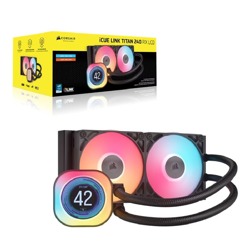 Corsair iCUE LINK TITAN 240 RX LCD Liquid CPU Cooler - Black: 73.5 CFM, 2100 RPM, 36 dBA, Aluminum Radiator, Copper Cold Plate, Intel/AMD Support - Leader Electronics