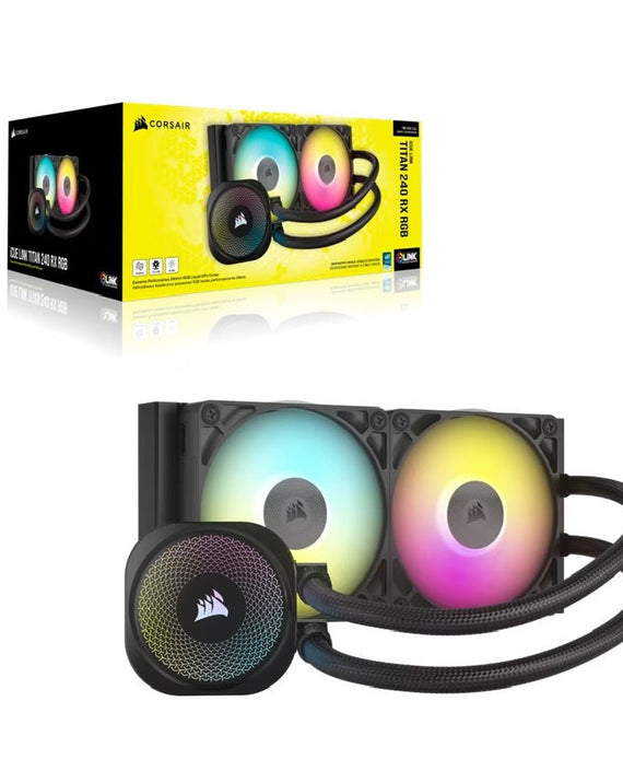 Corsair iCUE LINK TITAN 240 RX RGB AIO Liquid CPU Cooler - Black, 73.5 CFM, 2100 RPM, Aluminum Radiator, Copper Cold Plate, Intel/AMD support - Leader Electronics