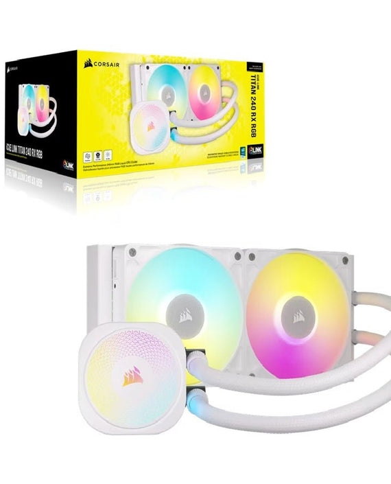 Corsair iCUE LINK TITAN 240 RX RGB AIO Liquid CPU Cooler - White, 73.5 CFM, 2100 RPM, Aluminum Radiator, Copper Cold Plate, Intel/AMD Support - Leader Electronics