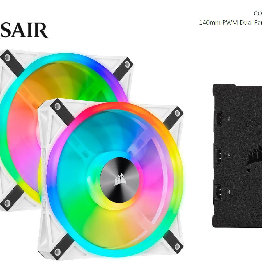 Corsair QL140 RGB White Dual Fan Kit with Lighting Node Core, ICUE, 140mm RGB LED PWM Fan 26dBA, 50.2 CFM, 2 Fan Pack - Leader Electronics