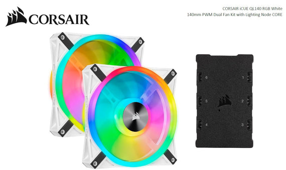 Corsair QL140 RGB White Dual Fan Kit with Lighting Node Core, ICUE, 140mm RGB LED PWM Fan 26dBA, 50.2 CFM, 2 Fan Pack - Leader Electronics