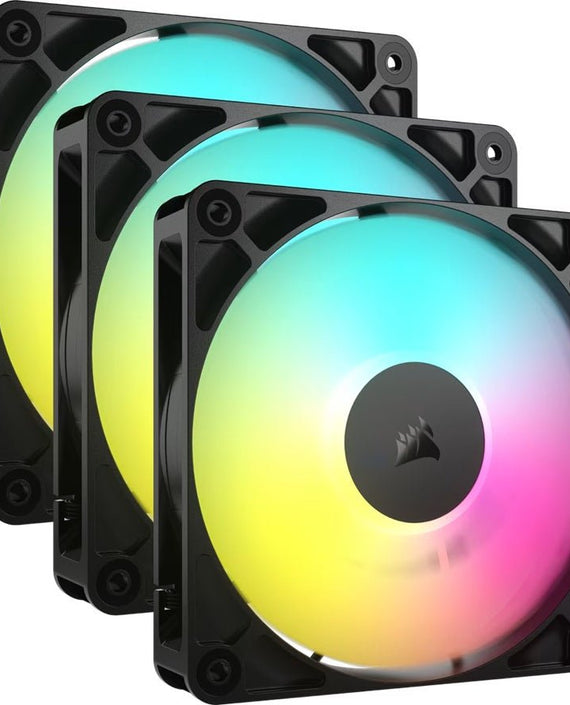 Corsair RS120 ARGB 120mm PWM Fans - Triple Pack - Black: 72.8 CFM, 2100 RPM, 36 dBA, 0.4A, RGB lighting, Static Pressure, Magnetic Dome Bearing - Leader Electronics