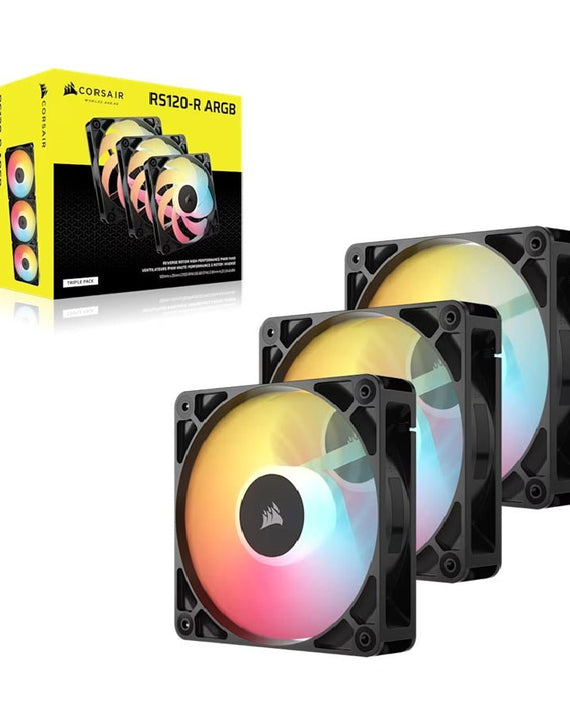 Corsair RS120-R ARGB 120mm PWM Reverse Fans Triple Pack - Black, 3x RGB Fans, 2100 RPM, 65.82 CFM, Static Pressure, Magnetic Dome Bearing, PWM Control - Leader Electronics