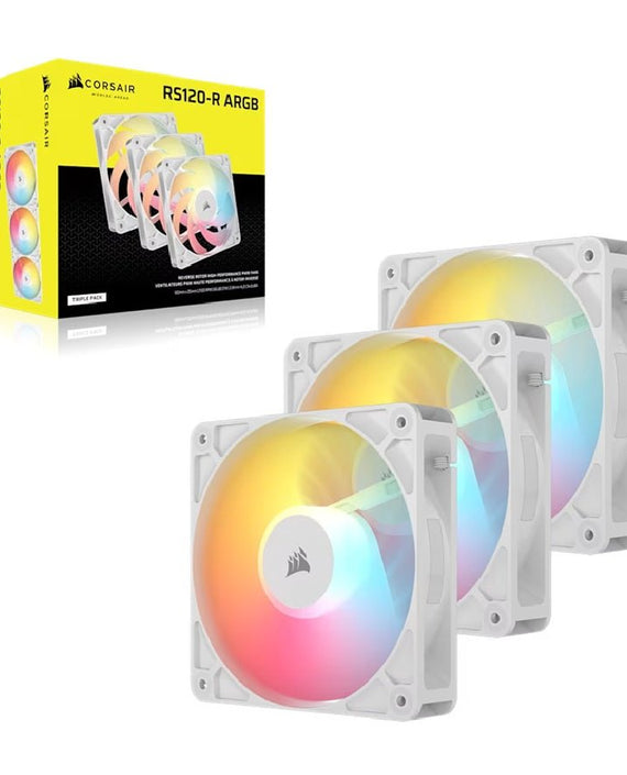Corsair RS120-R ARGB 120mm PWM Reverse Fans Triple Pack - White, 3x RGB Fans, 2100 RPM, 65.82 CFM, Static Pressure, Magnetic Dome Bearing, PWM Control - Leader Electronics
