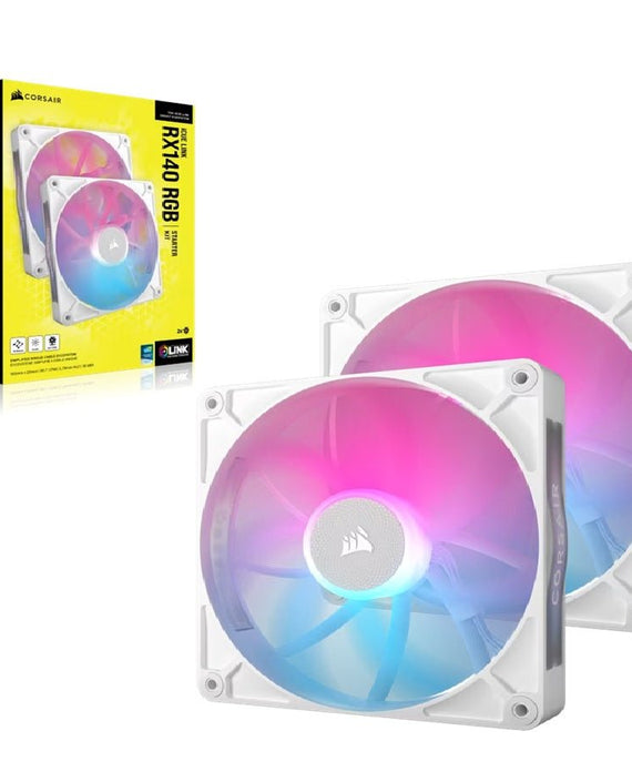 Corsair RX140 RGB White ICUE Link 140mm PWM Dual Fan Kit. 2x Fans, Connectors. 1 x ICUE Link Hub, 60mm Cable 90 Degress, Link Cab. - Leader Electronics