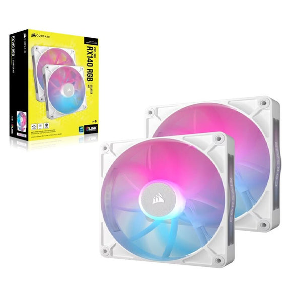 Corsair RX140 RGB White ICUE Link 140mm PWM Dual Fan Kit. 2x Fans, Connectors. 1 x ICUE Link Hub, 60mm Cable 90 Degress, Link Cab. - Leader Electronics