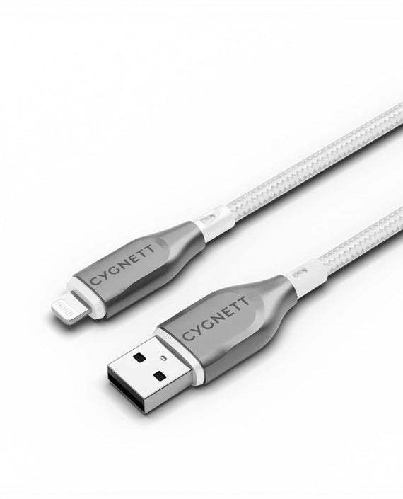 Cygnett Armoured Braided Lightning to USB-A (2.0) (1M) Cable - White (CY4659PCCAL), 2.5A/12W, 480Mbps, Turbo Charge, Apple iPhone, 5 Years Warranty - Leader Electronics