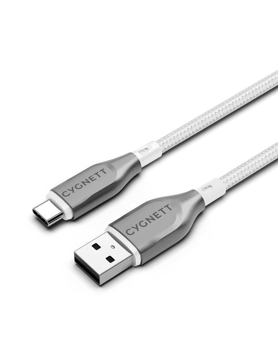Cygnett Armoured Braided USB-C to USB-A (2.0) Cable (1M) - White (CY4682PCUSA), 3A/60W, 480Mbps, Turbo Charge, Best for Laptop, 5 Years Warranty - Leader Electronics