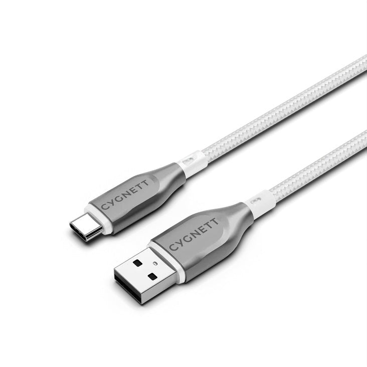 Cygnett Armoured Braided USB-C to USB-A (2.0) Cable (1M) - White (CY4682PCUSA), 3A/60W, 480Mbps, Turbo Charge, Best for Laptop, 5 Years Warranty - Leader Electronics