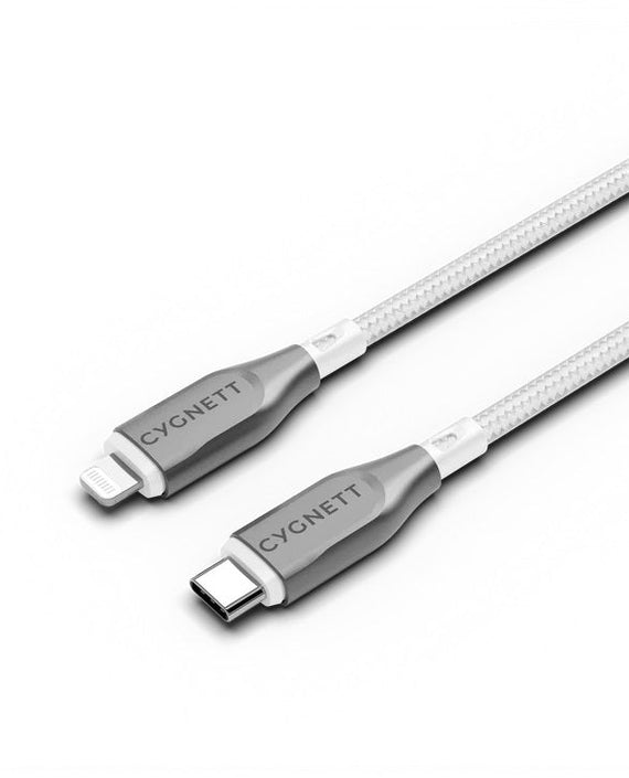 Cygnett Armoured Lightning to USB-C (2.0) Cable (1M) -White(CY4668PCCCL),30W,Braided, 480Mbps Transfer, Fast Charge iPhone/iPad, MFi, 5 Years Warranty - Leader Electronics