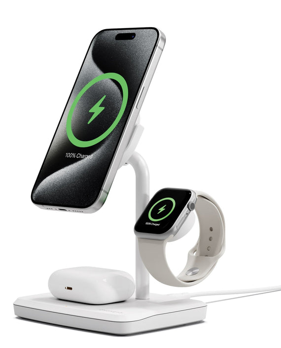 Cygnett ChargeBase Qi2 3-in-1 Magnetic 15W Wireless Charger-White(CY5070BUNCP),1.2M USB-C Cable,5W Watch Charger, 180° Swivel Head,2 Years Warranty - Leader Electronics