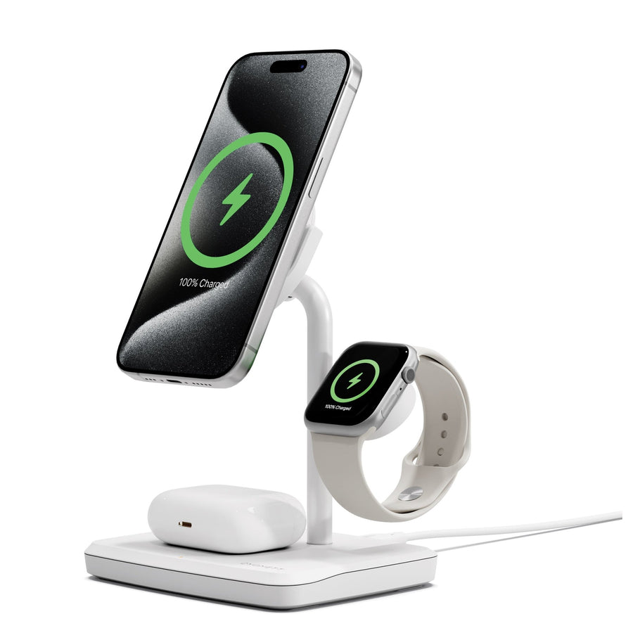 Cygnett ChargeBase Qi2 3-in-1 Magnetic 15W Wireless Charger-White(CY5070BUNCP),1.2M USB-C Cable,5W Watch Charger, 180° Swivel Head,2 Years Warranty - Leader Electronics