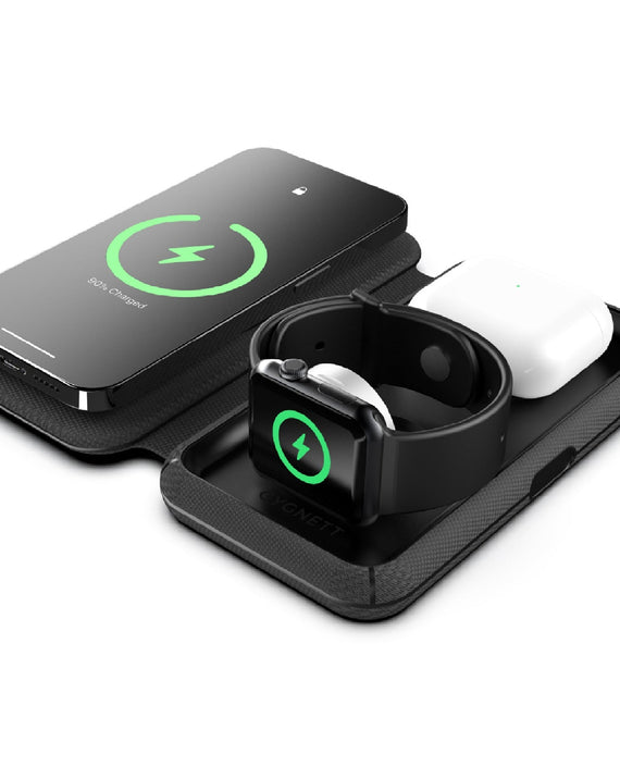 Cygnett MagTravel 15W 3-in-1 Wireless Charger - BlacK (CY4530WIRDE),MagSafe & Qi2 Compatible,1M USB-C Cable, Perfect for Travel, 2 Years Warranty - Leader Electronics