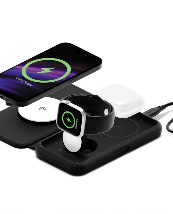 Cygnett MagTravel Qi2.0 2-in-1 Wireless Charger - Black (CY5138WIRDE), 1.2M USB-C Cable,15W, Compact and lightweight, 2 Years Warranty - Leader Electronics
