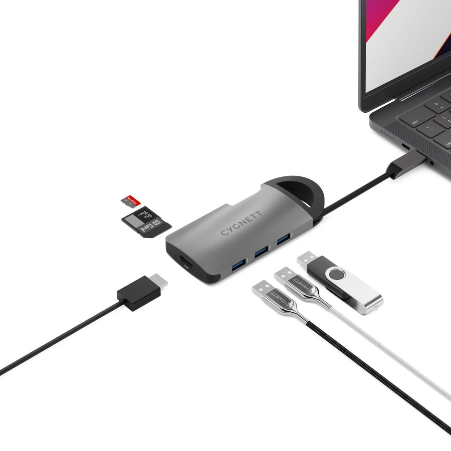 Cygnett Unite 7-in-1 USB-C Multiport Hub Adapter Dock (CY4550HUBC7)3xUSB-A (3.0, 5Gbps) 1xUSB-C(100W)1x4K HDMI (30Hz) 1xSD 1xMicro SD,2 Years Warranty - Leader Electronics