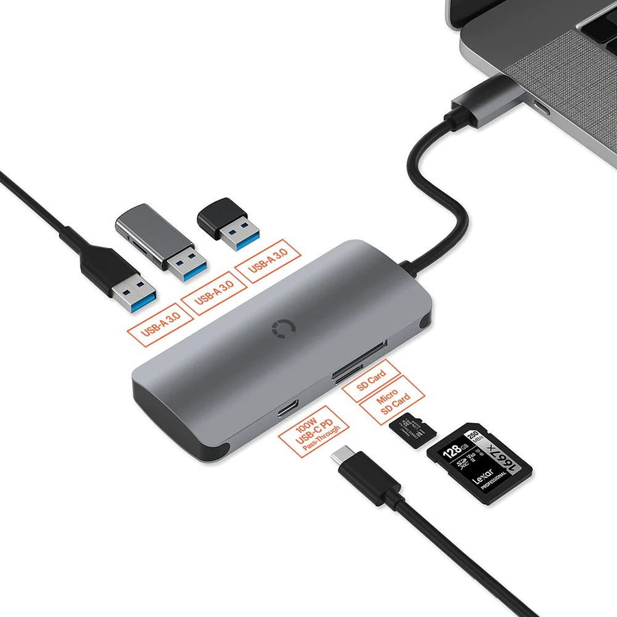 Cygnett Unite SlimMate 6-in-1 USB-C Multiport Hub Adapter Dock-(CY3316HUBC3)3xUSB-A 3.0 1xUSB-C 100W PD 1xSD 1xMicroSD High-Speed Data,2Years Warranty - Leader Electronics