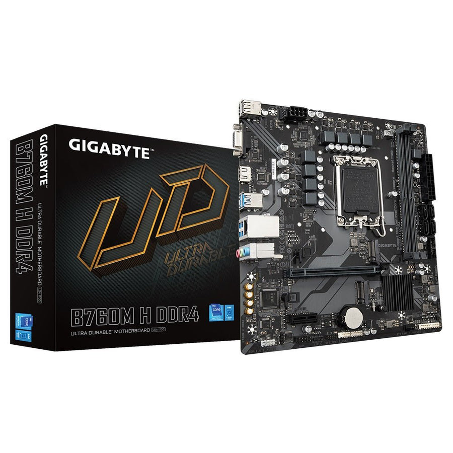Gigabyte B760M H DDR4 Intel LGA 1700 m-ATX Motherboard, 2x DDR4 ~64GB, 1x PCI-E x16, 2x M.2, 4x SATA, 3x USB 3.2, 2x USB 2.0, - Leader Electronics