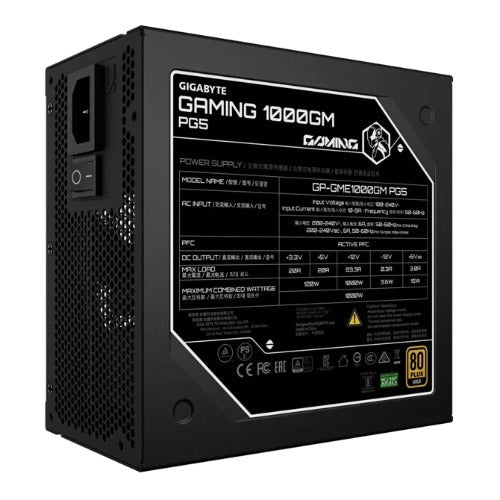 GIGABYTE GAMING 1000GM PG5 1000W 80+ Gold ATX 3.1 PSU PCIe 5.0 16pin full modular 135mm fan OVP OPP SCP UVP OCP OTP 8SATA 4PCIe 2EPS 100,000h MTBF - Leader Electronics
