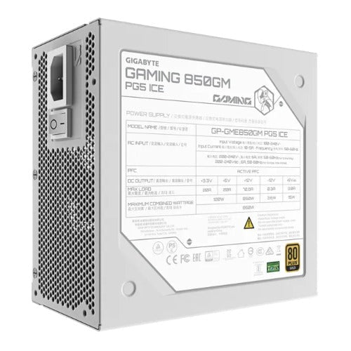 GIGABYTE GAMING 850GM PG5 ICE 850W 80+ Gold ATX 3.1 PSU PCIe5 16pin FM 135mm fan 2xEPS 4xPCIe 8xSATA OVP OPP SCP UVP OCP OTP 90eff 100k MTBF - Leader Electronics