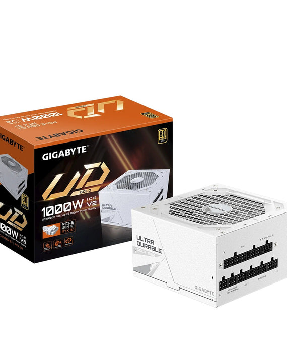 Gigabyte UD1000GM PG5 ICE 1000W ATX PSU Power Supply 80+ Gold >90% 120mm Fan Black Flat Cables Single +12V >100K Hrs - Leader Electronics
