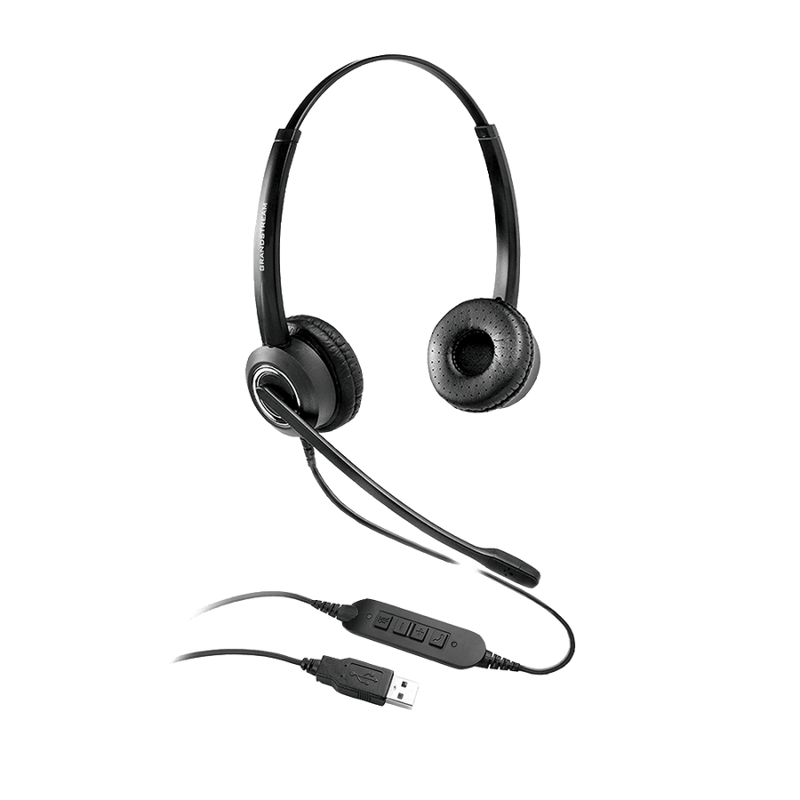 Grandstream GUV3000 Dual Ear USB Headset, Noise Canceling Microphone, HD Audio, 2m USB Cable, Suits Teams, Zoom, 3CX, Inline Controls - Leader Electronics