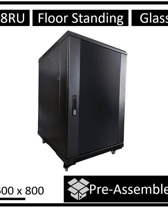 LDR Assembled 18U Server Rack Cabinet (600mm x 800mm) Glass Door, 1x 8-Port PDU, 1x 4-Way Fan, 2x Fixed Shelves - Black Metal Construction - Leader Electronics