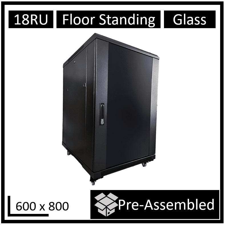 LDR Assembled 18U Server Rack Cabinet (600mm x 800mm) Glass Door, 1x 8-Port PDU, 1x 4-Way Fan, 2x Fixed Shelves - Black Metal Construction - Leader Electronics