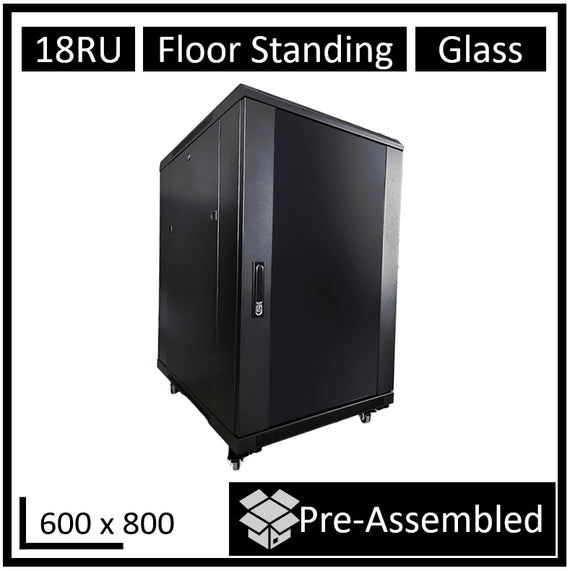LDR Assembled 18U Server Rack Cabinet (600mm x 800mm) Glass Door, 1x 8-Port PDU, 1x 4-Way Fan, 2x Fixed Shelves - Black Metal Construction - Leader Electronics
