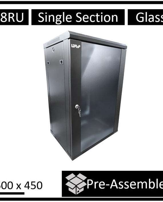 LDR Assembled 18U Wall Mount Cabinet (600mm x 450mm) Glass Door - Black Metal Construction - Top Fan Vents - Side Access Panels - Leader Electronics