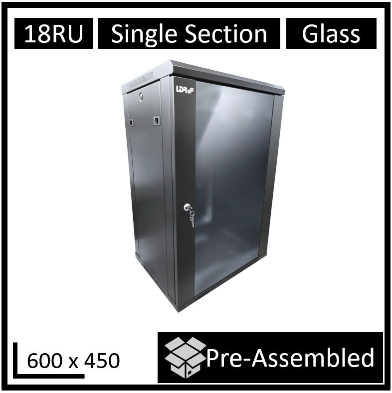 LDR Assembled 18U Wall Mount Cabinet (600mm x 450mm) Glass Door - Black Metal Construction - Top Fan Vents - Side Access Panels - Leader Electronics