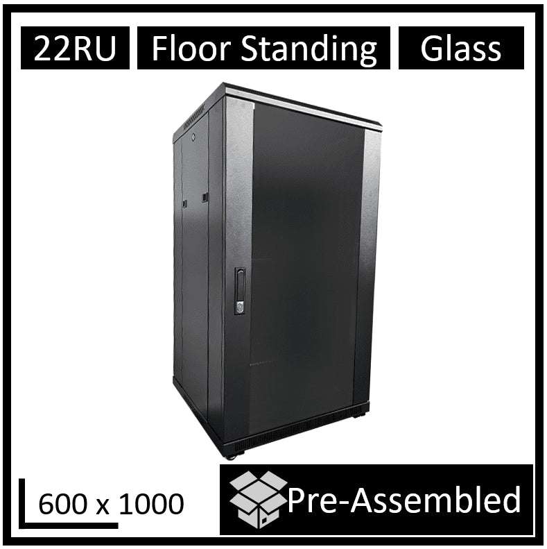 LDR Assembled 22U Server Rack Cabinet (L600mm x W1000mm x H1070mm), Glass Door,1x 8-Port PDU, 1x 4-Way Fan, 2x Fixed Shelves -Black Metal Construction - Leader Electronics