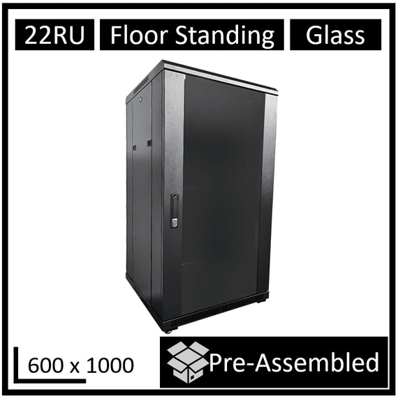LDR Assembled 22U Server Rack Cabinet (L600mm x W1000mm x H1070mm), Glass Door,1x 8-Port PDU, 1x 4-Way Fan, 2x Fixed Shelves -Black Metal Construction - Leader Electronics