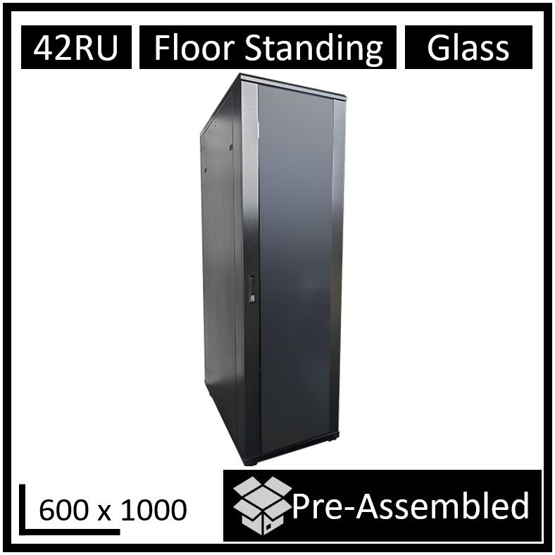 LDR Assembled 42U Server Rack Cabinet (600mm x 1000mm) Glass Door, 1x 8-Port PDU, 1x 4-Way Fan, 2x Fixed Shelves - Black Metal Construction - Leader Electronics