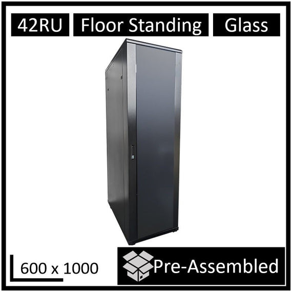 LDR Assembled 42U Server Rack Cabinet (600mm x 1000mm) Glass Door, 1x 8-Port PDU, 1x 4-Way Fan, 2x Fixed Shelves - Black Metal Construction - Leader Electronics
