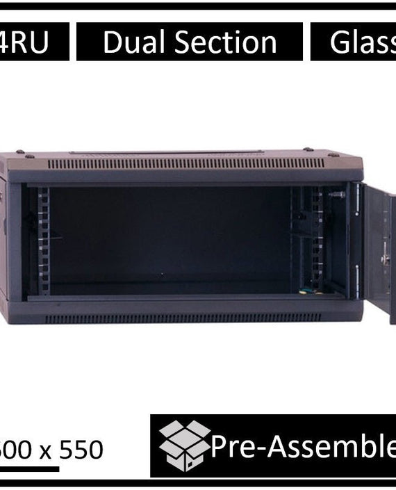 LDR Assembled 4U Hinged Wall Mount Cabinet (600mm x 550mm) Glass Door - Black Metal Construction - Top Fan Vents - Side Access Panels - Leader Electronics