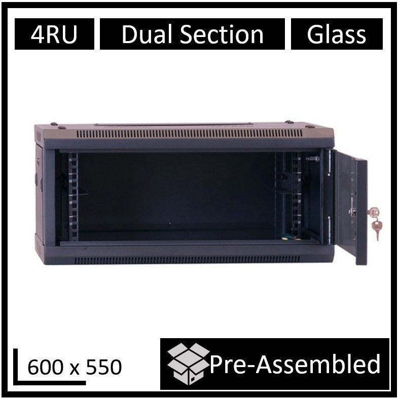 LDR Assembled 4U Hinged Wall Mount Cabinet (600mm x 550mm) Glass Door - Black Metal Construction - Top Fan Vents - Side Access Panels - Leader Electronics