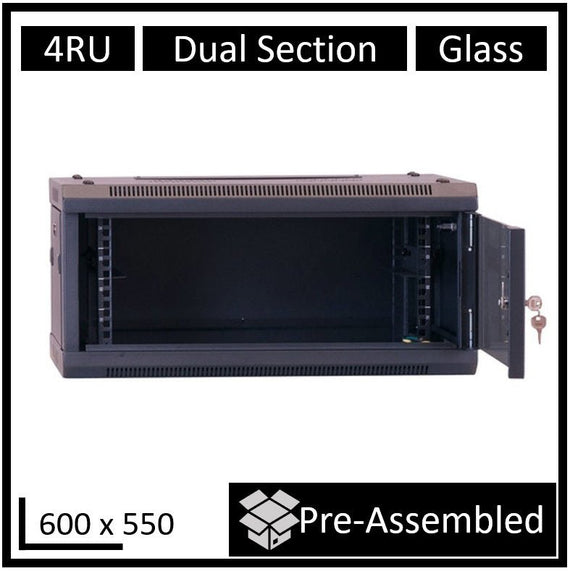 LDR Assembled 4U Hinged Wall Mount Cabinet (600mm x 550mm) Glass Door - Black Metal Construction - Top Fan Vents - Side Access Panels - Leader Electronics