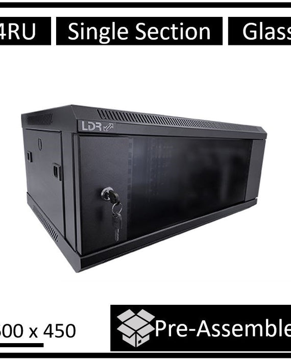 LDR Assembled 4U Wall Mount Cabinet (600mm x 450mm) Glass Door - Black Metal Construction - Top Fan Vents - Side Access Panels - Leader Electronics