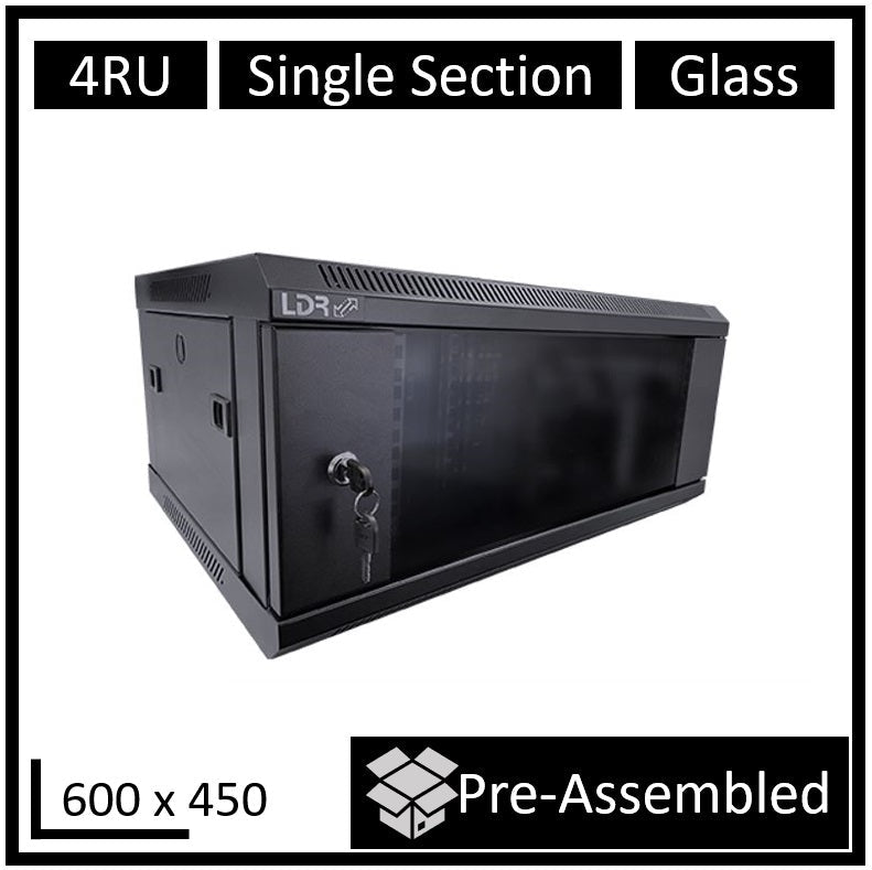 LDR Assembled 4U Wall Mount Cabinet (600mm x 450mm) Glass Door - Black Metal Construction - Top Fan Vents - Side Access Panels - Leader Electronics