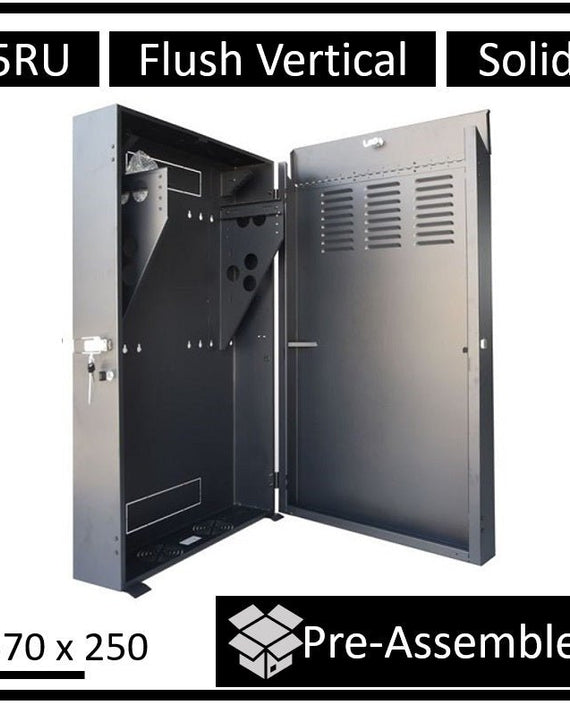 LDR Assembled 5U Flush Wall Mount Vertical Cabinet (570mm x 250mm) - 4U Rack For Gear & 2U Mount For Patch Panels - Black Metal Construction - Leader Electronics