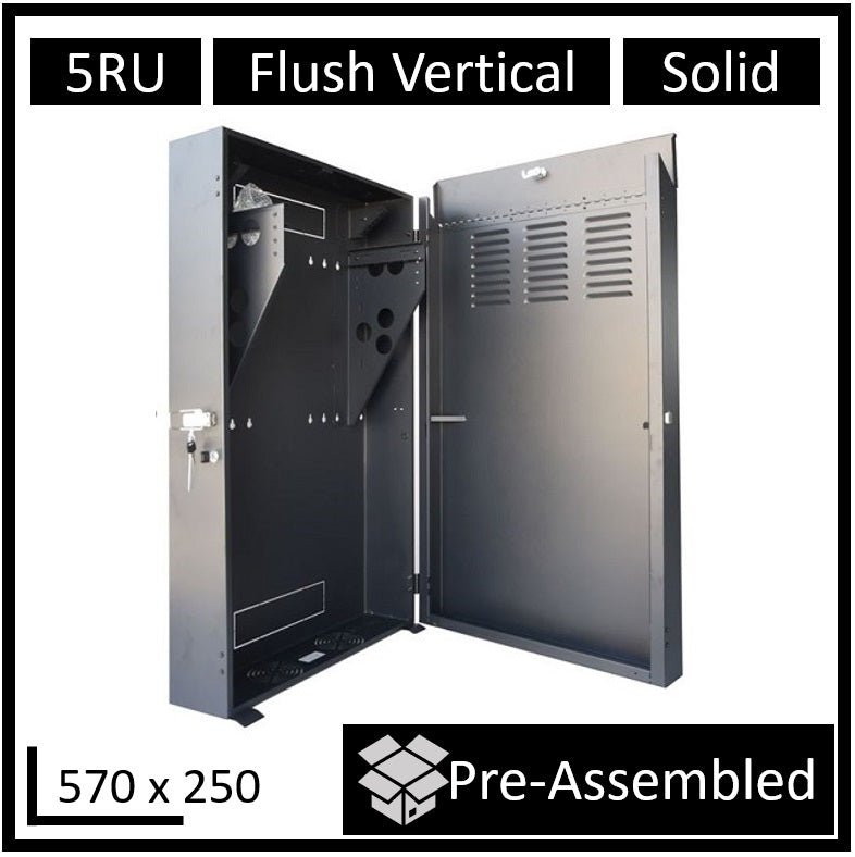 LDR Assembled 5U Flush Wall Mount Vertical Cabinet (570mm x 250mm) - 4U Rack For Gear & 2U Mount For Patch Panels - Black Metal Construction - Leader Electronics