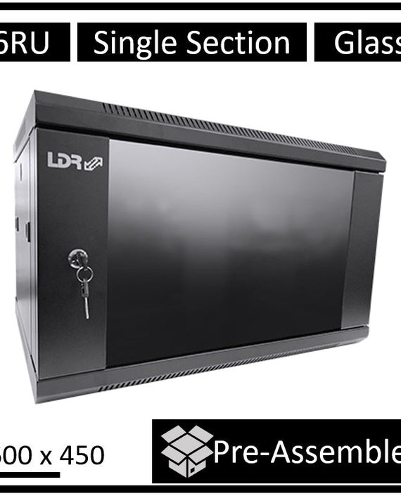 LDR Assembled 6U Wall Mount Cabinet (600mm x 450mm) Glass Door - Black Metal Construction - Top Fan Vents - Side Access Panels - Leader Electronics