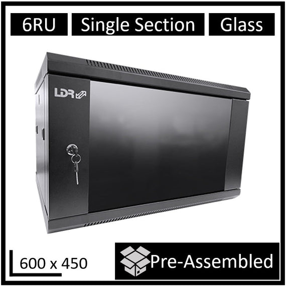 LDR Assembled 6U Wall Mount Cabinet (600mm x 450mm) Glass Door - Black Metal Construction - Top Fan Vents - Side Access Panels - Leader Electronics