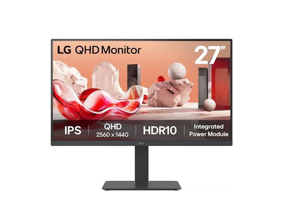 LG 27' QHD IPS Monitor, 2560x1440, HDR10, 99% sRGB, 75 Hz, integrated power, adjustable stand (tilt/height/swivel/pivot), Flicker Safe & Reader Mode - Leader Electronics