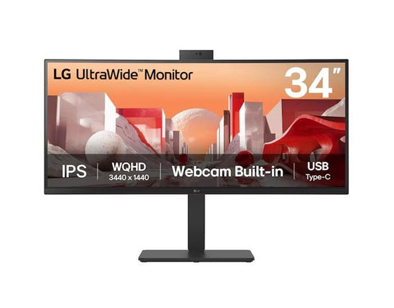 LG 34' UltraWide QHD Curved IPS Monitor with 3440x1440 resolution, sRGB 99%, HDR10, USB-C PD 90W, FHD webcam, mic, speakers & adjustable stand - Leader Electronics