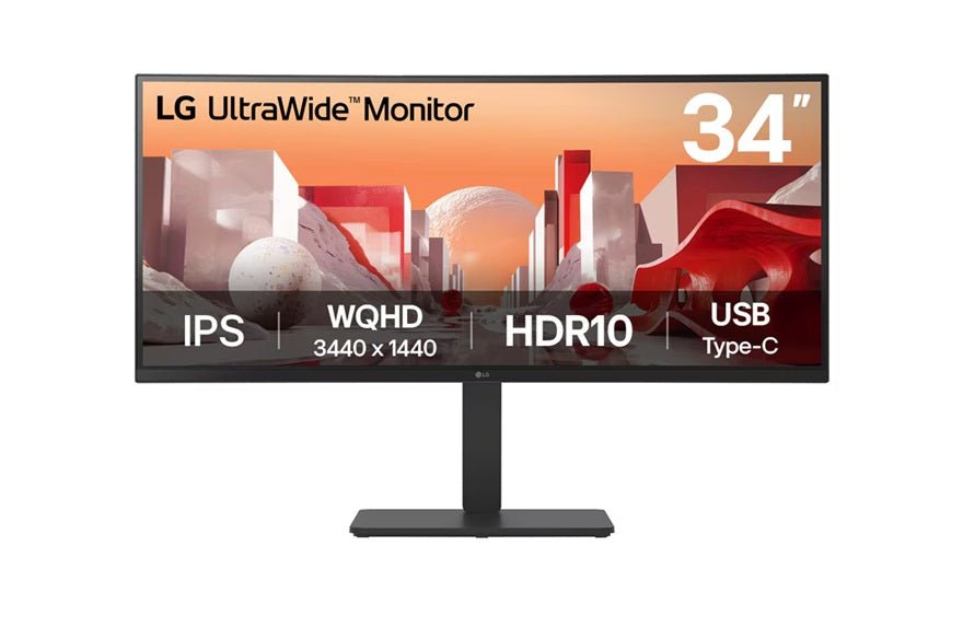 LG 34' UltraWide QHD Curved IPS Monitor with HDR10, sRGB 99%, USB-C PD 90W, RJ45, built-in speakers, and tilt/height/swivel adjustable stand - Leader Electronics
